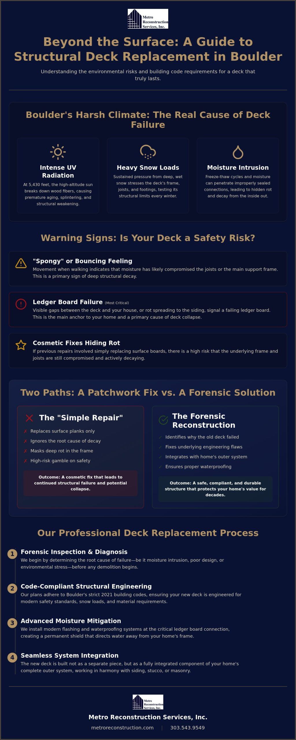 Infographic about Boulder deck replacement showing failure risks (UV damage, heavy snow, moisture) and safety signs.