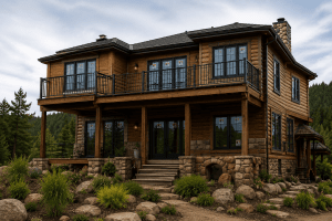 Two-story log cabin with a wooden balcony, stone accents, and a landscaped rock garden in the foreground.