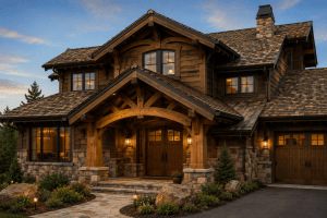 Rustic timber-frame house with stone foundation and a covered front entry, warm lights in windows at dusk.