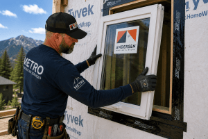 Construction worker in a METRO shirt installs a white window frame into a new home&rsquo;s exterior, mountains in the background, Andersen logo on the glass.