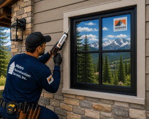 A worker caulks a large window on a stone and siding house, wearing a dark cap and a tool belt labeled Metro Reconstruction Services.
