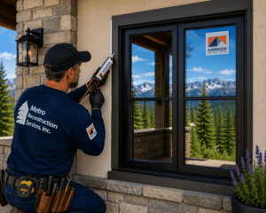 Worker sealing the gap around a black-framed exterior window on a stone house; mountains in the distance.