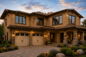 Two-story stucco house with stone columns and a two-car garage at dusk