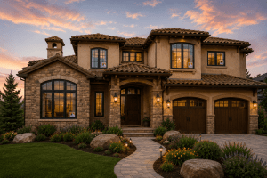 Two-story Mediterranean-style home with stone facade, warm exterior lights, curved brick path, and landscaped front yard at sunset; dusk sky.