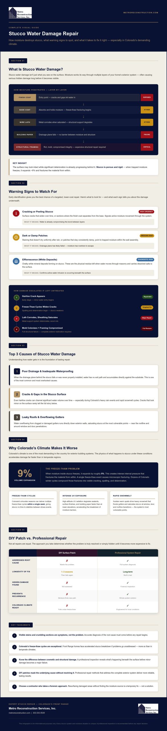 Understanding Stucco Water Damage Repair A Comprehensive Guide - Infographic | Colorado's Colorado's Exterior Remodeling & Building Envelope Specialists Understanding Stucco Water Damage Repair: A Comprehensive Guide