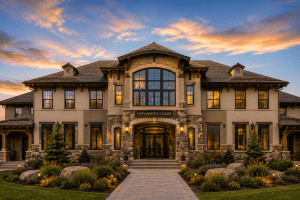 University Court building at dusk with a grand arched window, stone and beige facade, and warm entrance lights above the front steps, surrounded by landscaped grounds.