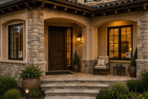 Warmly lit stone-front porch with a wooden front door, arched entry, and a chair beside a small table on a stone patio.