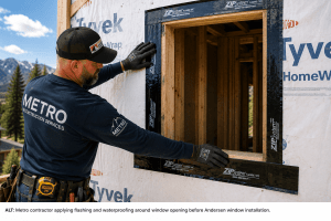 Metro contractor applies flashing and waterproofing around a window opening before Andersen window installation.
