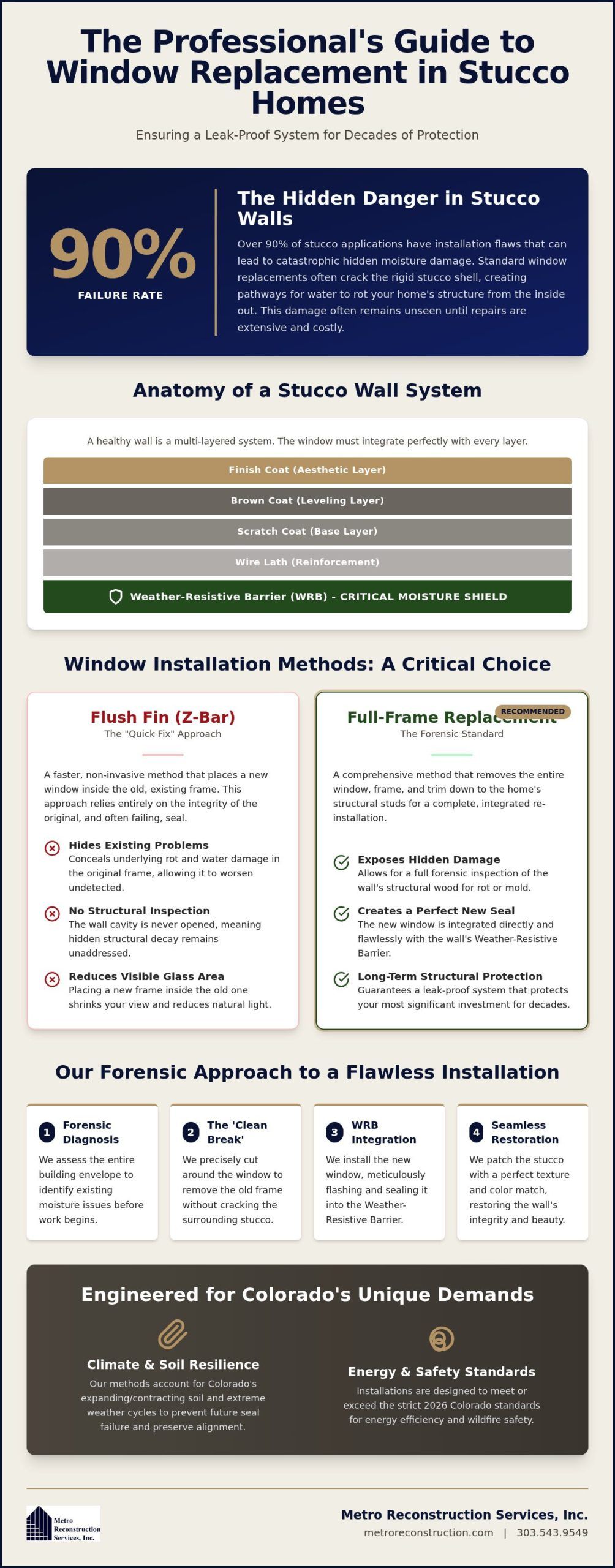 Window Installation for Stucco Homes A Professional Guide to Structural Integrity - Infographic | Colorado's Colorado's Exterior Remodeling & Building Envelope Specialists Window Installation for Stucco Homes: A Professional Guide to Structural Integrity