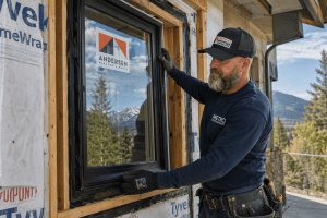 Construction worker installs a black-framed window on a partly built house, mountains in the background.