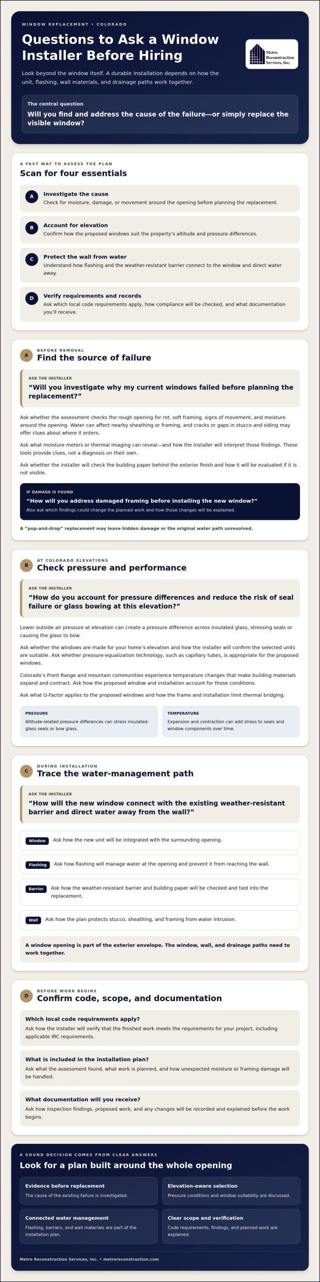 Critical Questions to Ask a Window Installer Before Hiring in 2026 - Infographic | Colorado's Colorado's Exterior Remodeling & Building Envelope Specialists Critical Questions to Ask a Window Installer Before Hiring in 2026