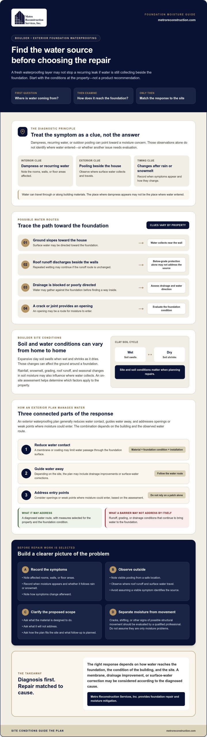Exterior Foundation Waterproofing in Boulder Diagnose the Cause Before Repairs - Infographic | Colorado's Colorado's Exterior Remodeling & Building Envelope Specialists Exterior Foundation Waterproofing in Boulder: Diagnose the Cause Before Repairs