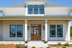 Front view of a white two-story house with a central wooden front door, large symmetric windows, and potted flowers on the steps.