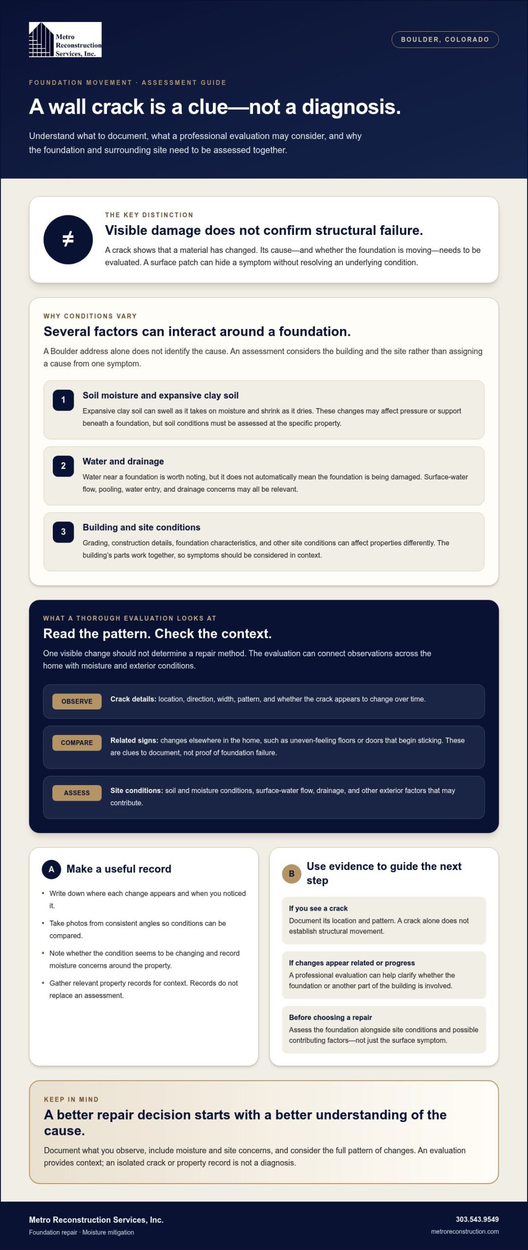 Structural Foundation Repair in Boulder Causes Diagnosis and Next Steps - Infographic | Colorado's Colorado's Exterior Remodeling & Building Envelope Specialists Structural Foundation Repair in Boulder: Causes, Diagnosis, and Next Steps