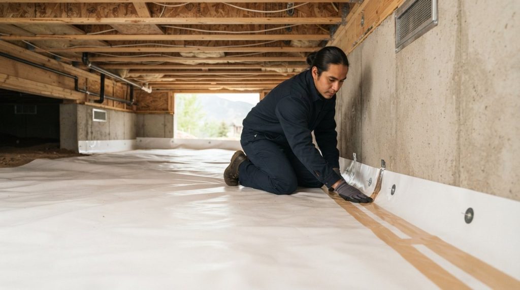 Vapor barrier installation crawl space Superior: 12-inch seams