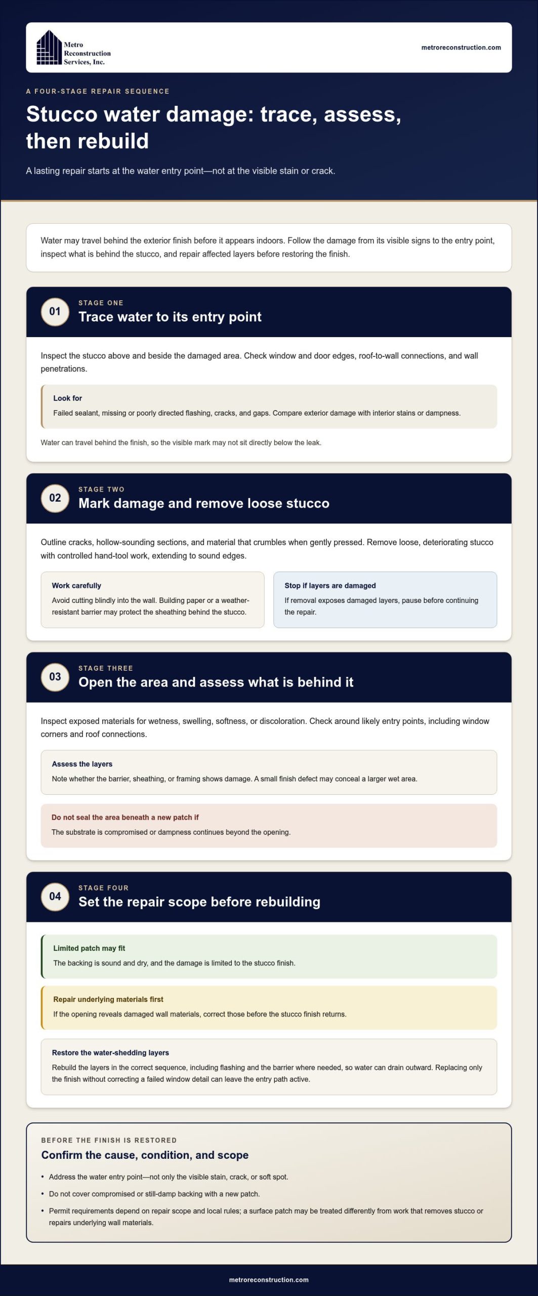 How to Repair Stucco Water Damage from Drying to Patching - Infographic | Colorado's Colorado's Exterior Remodeling & Building Envelope Specialists How to Repair Stucco Water Damage, from Drying to Patching